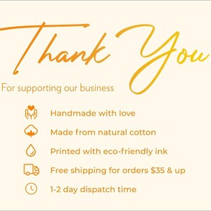 a message of gratitude for supporting a business, with a list of features and benefits. The text is written in a cursive font and is orange in color. The image is a single, uncluttered layout with a focus on the message and the accompanying icons.