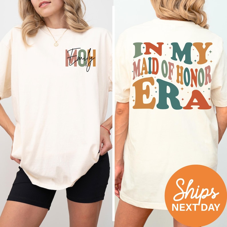 a woman wearing a t - shirt that says, in my maid of honor era