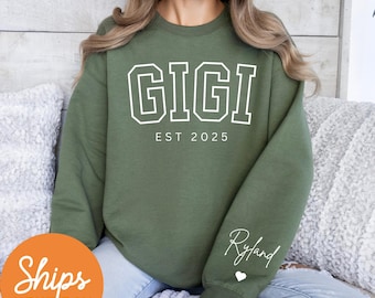 Personalized Gigi Sweatshirt With Kids Names On Sleeve, Custom Gigi Est Sweatshirt, Gigi Est 2025 Sweatshirt, Pregnancy Announcement Gifts