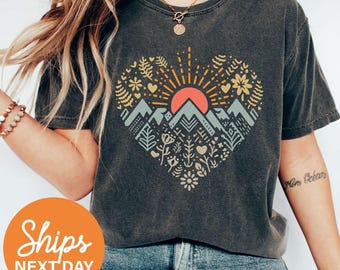 Mountain Heart Shirt, Retro Camping Shirt, Love Hiking Shirt, Mountain Silhouette Shirt, Cute Mountain Shirt, Nature Shirt, Sunset Shirt