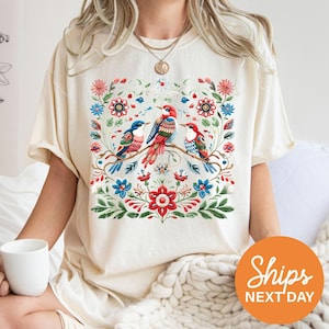 Cottagecore Birds and Flowers Shirt, Boho Folk Art Shirt, Scandi Art T Shirt, Cottagecore Shirt, Bird Gifts, Flower Gift, Gift For Her