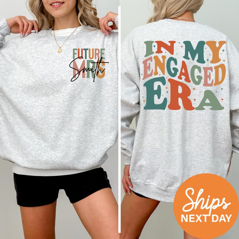 a woman wearing a sweatshirt with the words, future ships, in my engaged era