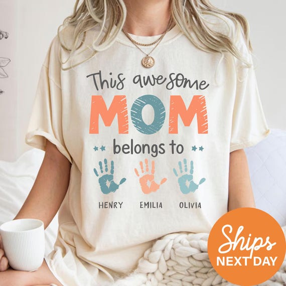 Personalized Handprint Mom Shirt, Custom Kids Names Tee, Mothers Day Gift for Her, New Mama Apparel