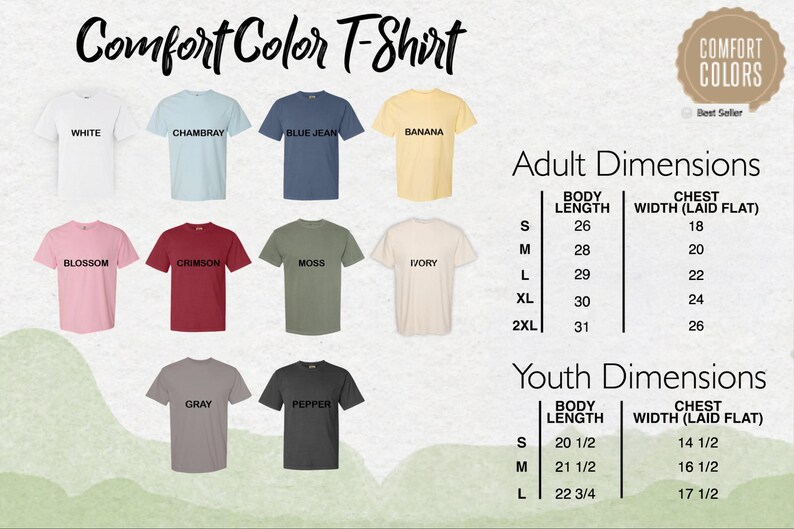 a collection of t-shirt designs in various colors, including white, blue, yellow, pink, and green. The t-shirts are labeled with their respective sizes and dimensions, including adult and youth sizes, as well as chest and waist measurements.