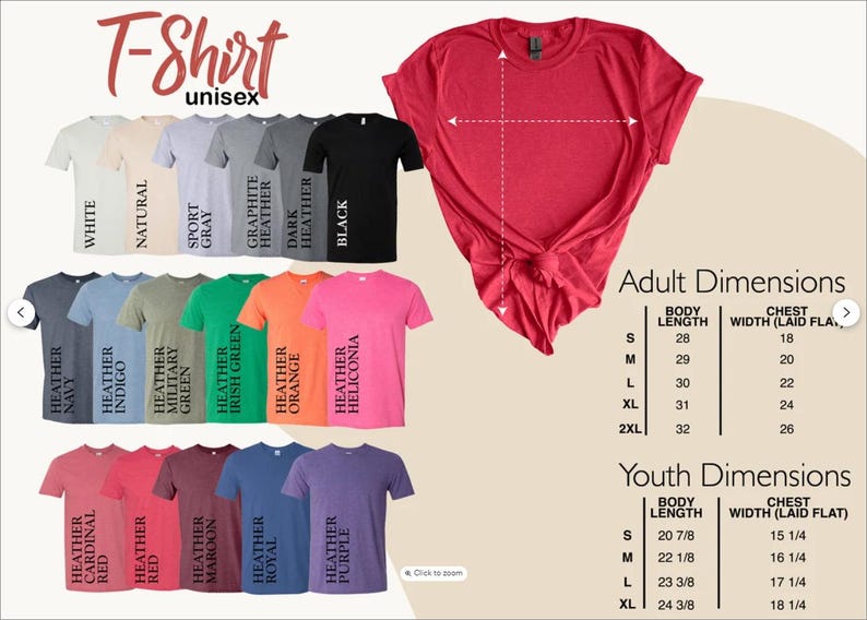 The image is a collage of various T-shirt designs, each with different colors and sizes, along with their corresponding adult dimensions and youth dimensions.