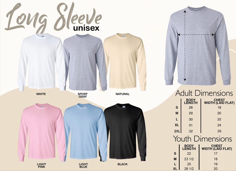 long sleeve unisex sizes chart for men and women