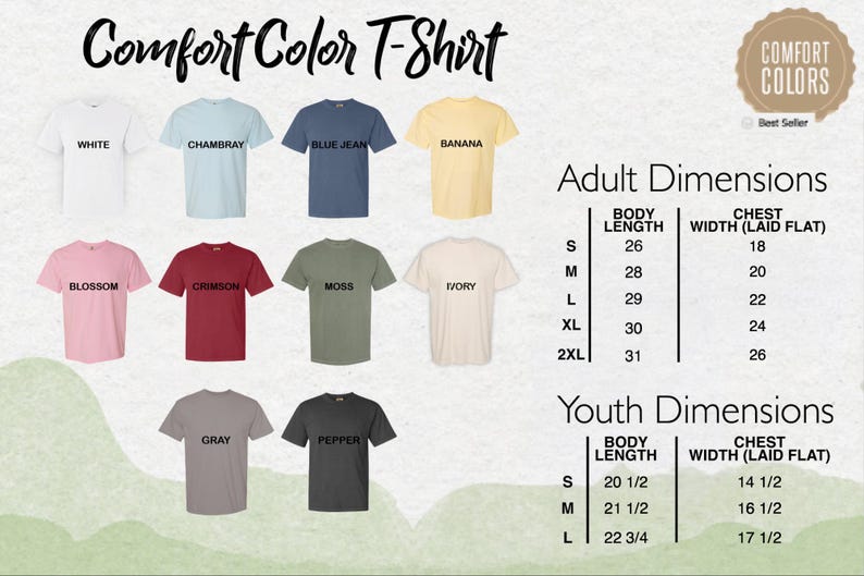 a collection of t-shirt designs in various colors, including white, blue, yellow, pink, and green. The t-shirts are labeled with their respective sizes and dimensions, including adult and youth sizes, as well as chest and waist measurements.