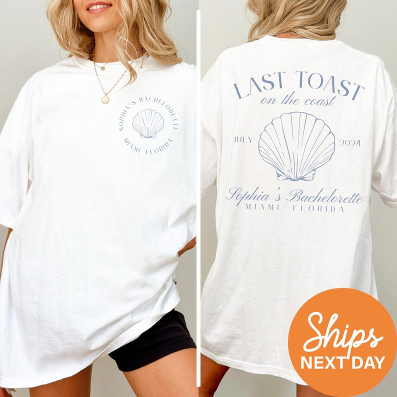 a woman wearing a white t - shirt with the words last toast on it