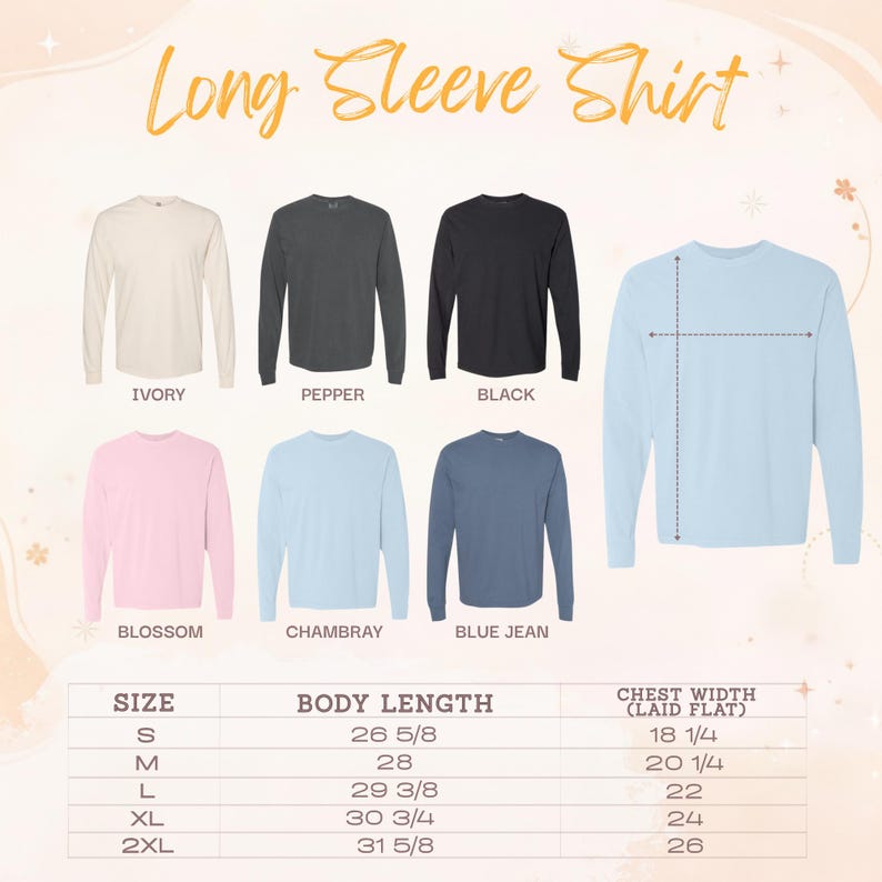 a collection of long-sleeve shirts in various colors and sizes, along with their corresponding measurements.