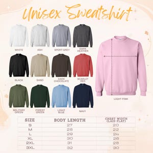 a collection of unisex sweatshirts in various colors and sizes, along with a table providing the corresponding body length measurements.
