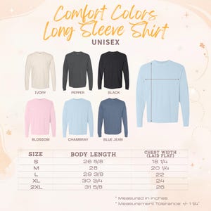 a collection of long sleeve shirts in various colors, sizes, and styles, along with their corresponding measurements.