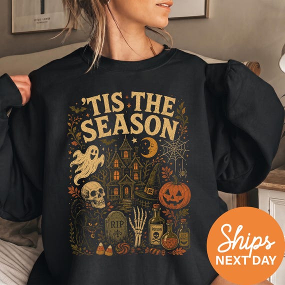 Retro Halloween Sweatshirt, Tis The Season Spooky Hoodie, Vintage Fall Graphic Crewneck, Autumn Teacher Gift