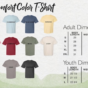 a collection of t-shirt designs in various colors, including white, blue, yellow, pink, and green. The t-shirts are labeled with their respective sizes and dimensions, including adult and youth sizes, as well as chest and waist measurements.