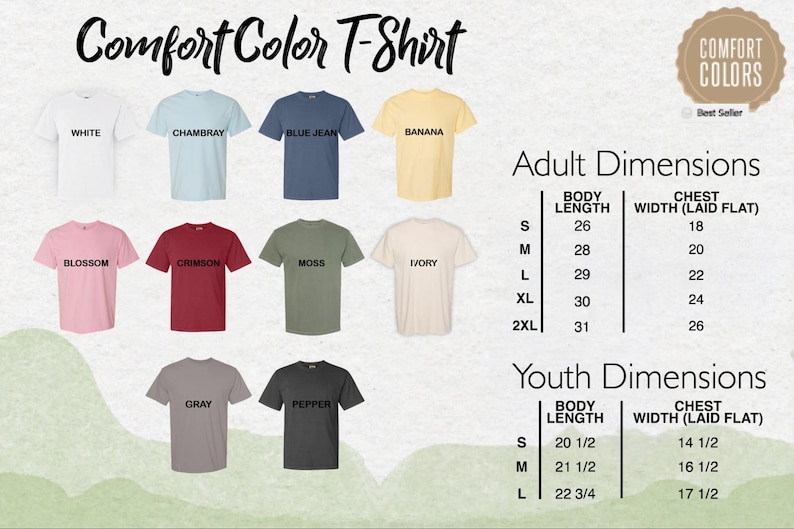 a collection of t-shirt designs in various colors, including white, blue, yellow, pink, and green. The t-shirts are labeled with their respective sizes and dimensions, including adult and youth sizes, as well as chest and waist measurements.