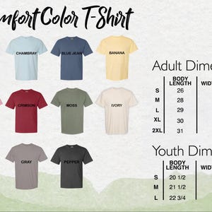 a collection of t-shirt designs in various colors, including white, blue, yellow, pink, and green. The t-shirts are labeled with their respective sizes and dimensions, including adult and youth sizes, as well as chest and waist measurements.