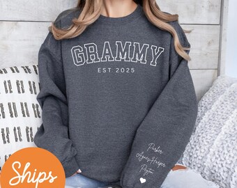 Personalized Grammy Sweatshirt With Kids Name On Sleeve, Custom Grammy Est Sweatshirt, New Grandma Gifts, Pregnancy Announcement Gifts