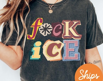Op de afbeelding: Donkergrijs t-shirt met de woorden "f*ck ice" in kleurrijke, gelaagde letters. De tekst heeft een vintage, distressed look. Het shirt heeft korte mouwen en een ronde hals.