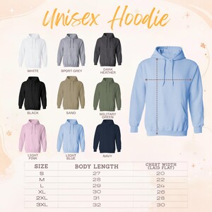 a collection of unisex hoodie designs, each with different colors and styles, along with their corresponding chest width measurements.