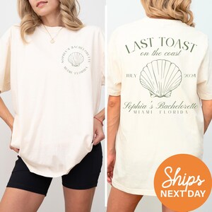 a woman wearing a t - shirt that says last toast on the front and a
