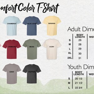 a collection of t-shirt designs in various colors, including white, blue, yellow, pink, and green. The t-shirts are labeled with their respective sizes and dimensions, including adult and youth sizes, as well as chest and waist measurements.