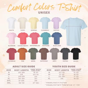 The image is a color T-shirt size guide that provides different color options and corresponding size recommendations for both adult and youth t-shirt sizes.