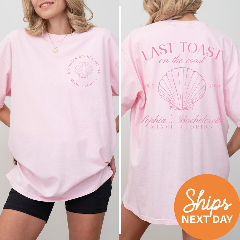 a woman wearing a pink t - shirt with the words last toast on it