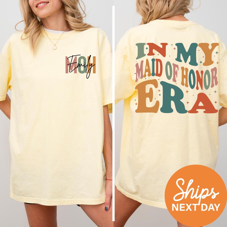 a woman wearing a yellow shirt that says, in my maid of honor era