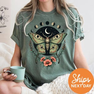 Luna Moth Comfort Colors T Shirt, Celestial Cottagecore Shirt, Mystical Moon Phase Top, Cute Witchy Boho Flower Shirt, Gift for Her