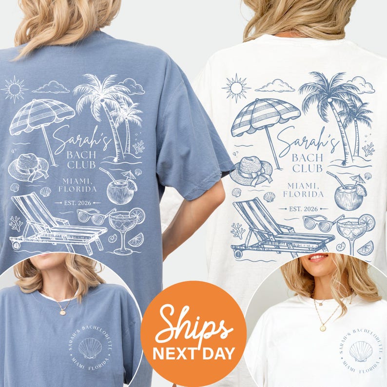 The image is a collage of three images featuring t-shirts with beach-themed designs. The t-shirts are blue and white, with illustrations of beach chairs, umbrellas, and palm trees. The text on the t-shirts reads "Sara's Bach Club Miami, Florida" and "Est. 2016". The collage also includes a text overlay that says "Shops NEXT DAY".