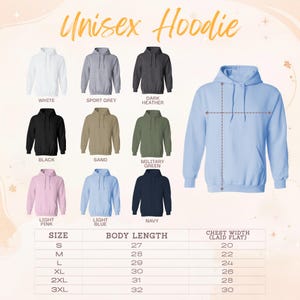 a collection of unisex hoodie designs, each with different colors and styles, along with their corresponding chest width measurements.