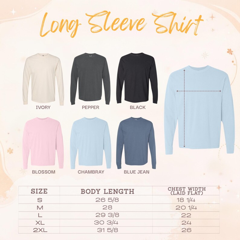 a collection of long-sleeve shirts in various colors and sizes, along with their corresponding measurements.