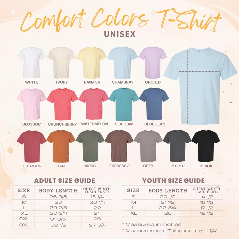 The image is a color T-shirt size guide that provides different color options and corresponding size recommendations for both adult and youth t-shirt sizes.