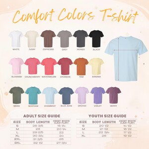 a variety of t-shirt colors and sizes, along with corresponding measurements and descriptions for both adult and youth sizes.