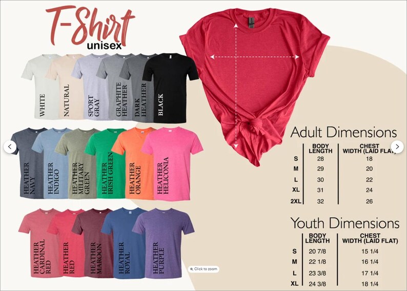 The image is a collage of various T-shirt designs, each with different colors and sizes, along with their corresponding adult dimensions and youth dimensions.