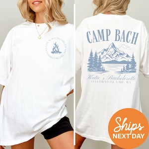 a woman wearing a white shirt that says camp bach
