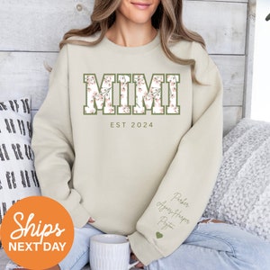 Personalized Floral Mimi Sweatshirt With Kids Names On Sleeve, Custom Floral Mimi Crewneck, Mimi Birthday Gift, Personalized Mimi Gifts