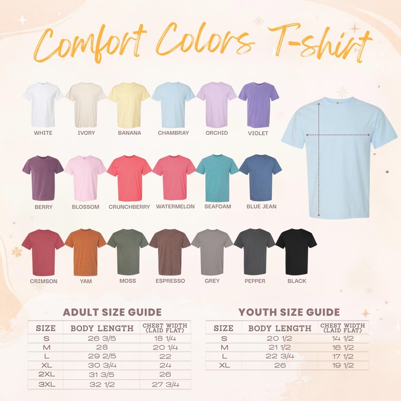 The image is a colorful t-shirt guide that provides a range of t-shirt colors and sizes, along with corresponding adult and youth size guides.
