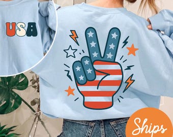 Retro 4th of July Sweatshirt, USA Peace Sign Hoodie, Patriotic Crewneck, Vintage Americana Gift