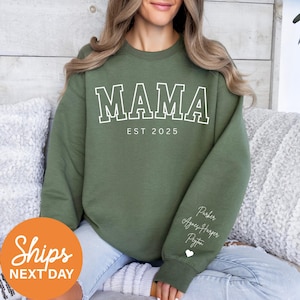 Personalized Mama Sweatshirt With Kids Name On Sleeve, Mama Est Sweatshirt, Custom Mama Crewneck, Gifts for New Mom, Pregnancy Announcement