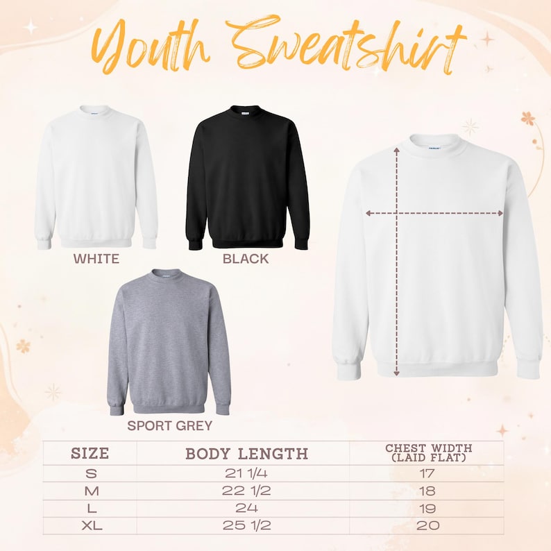 a collection of youth sweatshirts in different colors and sizes, along with their corresponding measurements.