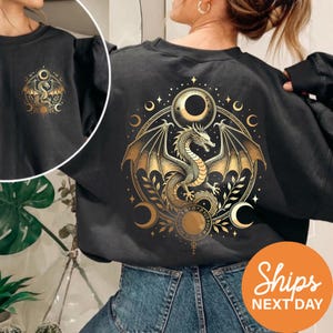 Celestial Dragon Sweatshirt, Moon Phase Hoodie, Cozy Witchy Clothing, Fantasy Reader Gift, Mystical