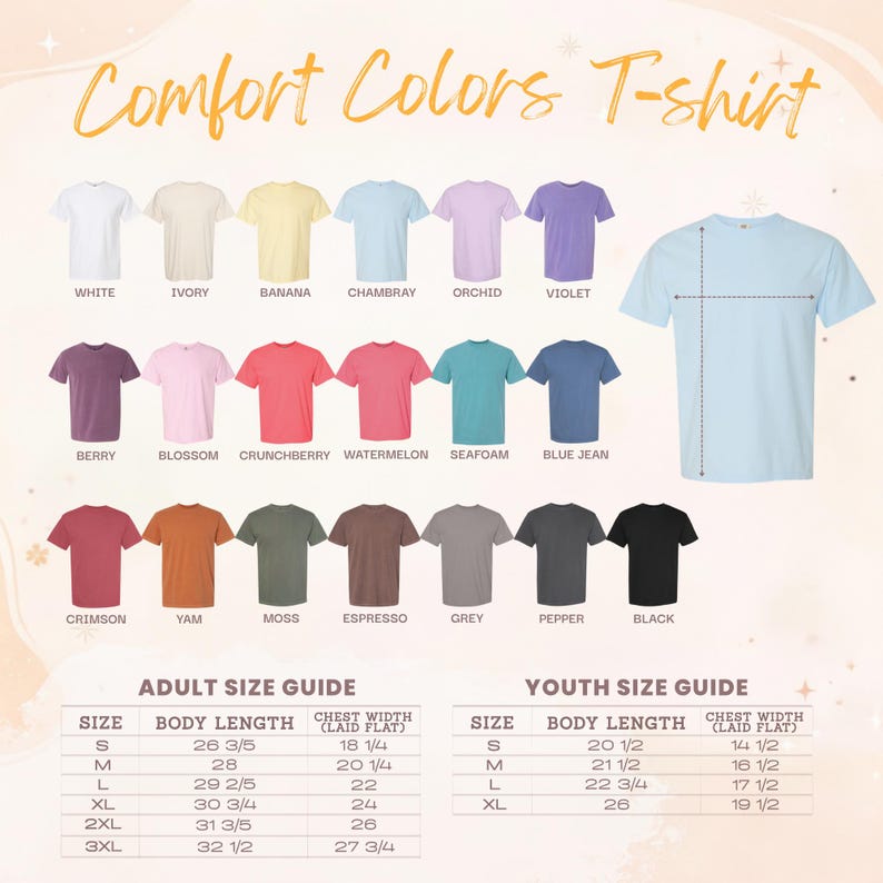 The image is a colorful t-shirt guide that provides a range of t-shirt colors and sizes, along with corresponding adult and youth size guides.