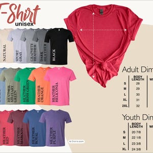 The image is a collage of various T-shirt designs, each with different colors and sizes, along with their corresponding adult dimensions and youth dimensions.