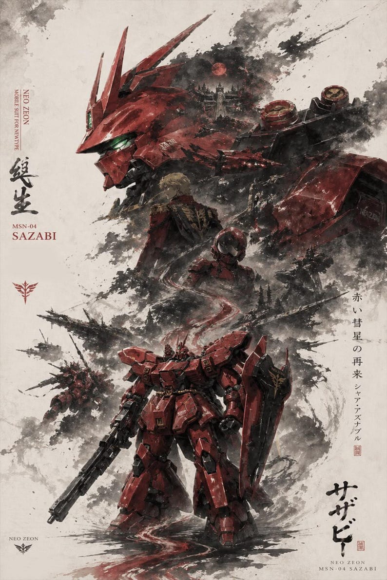 May include: An artistic illustration of the MSN-04 Sazabi mobile suit from the Neo Zeon faction, rendered in shades of red and black. The image features the text "SAZABI" and Japanese characters, with a dynamic, action-oriented composition.