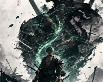 Roronoa Zoro One Piece Anime Poster, Three Sword Style Samurai Wall Art, Dark Manga Swordsman Print, Japanese Anime Decor Gift for Fans