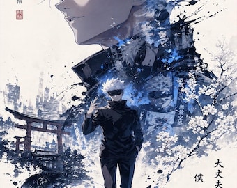 Satoru Gojo Jujutsu Kaisen anime poster, blauwe esthetische manga kunst aan de muur, Japanse anime canvas print, Gojo Sensei kamer decor cadeau