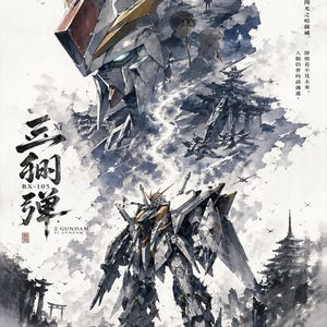 Op de afbeelding: Een artistieke illustratie van de RX-105 &Xi; Gundam uit Mobile Suit Gundam Hathaway. De afbeelding toont een gedetailleerde weergave van de mecha, met Japanse tekst en een schilderachtige achtergrond. Het kleurenpalet is voornamelijk grijs met gouden en rode accenten.