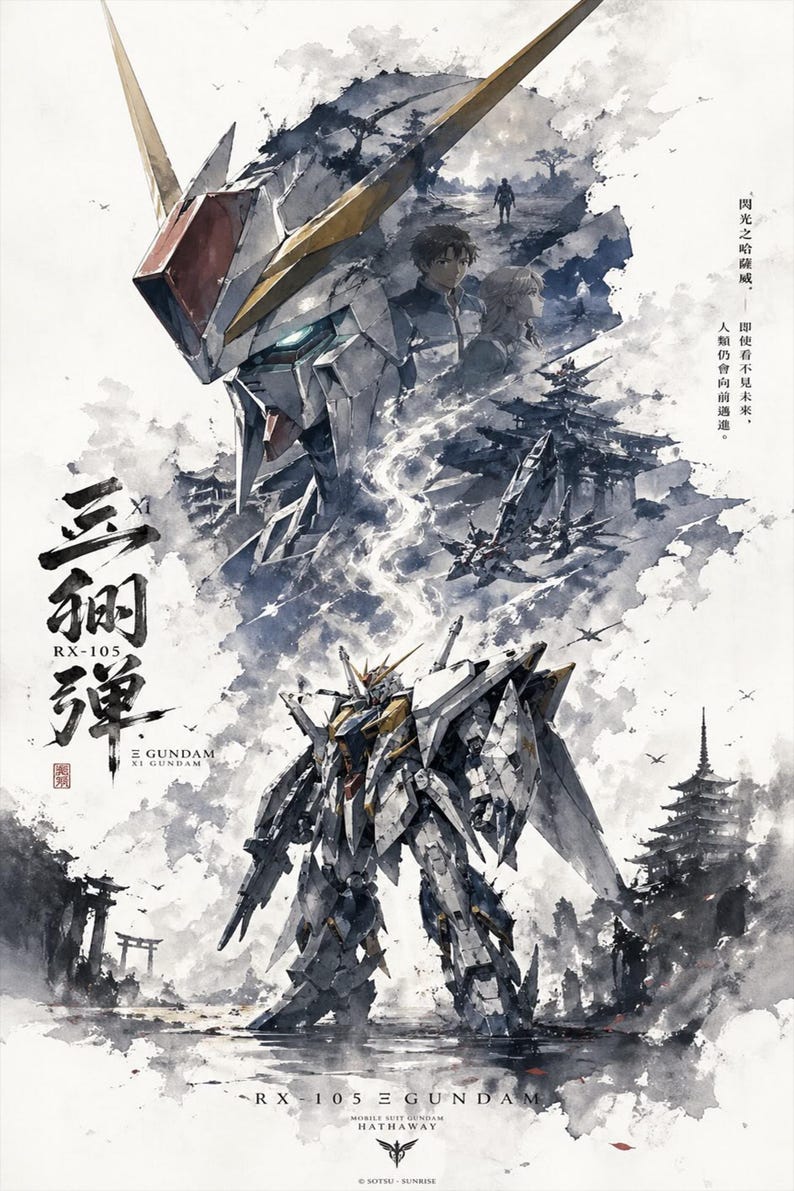 Op de afbeelding: Een artistieke illustratie van de RX-105 &Xi; Gundam uit Mobile Suit Gundam Hathaway. De afbeelding toont een gedetailleerde weergave van de mecha, met Japanse tekst en een schilderachtige achtergrond. Het kleurenpalet is voornamelijk grijs met gouden en rode accenten.