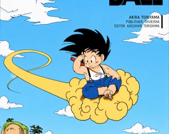 Dragon Ball-animeposter, Kid Goku Flying Nimbus Wall Art Print, vintage decor manga-avontuur