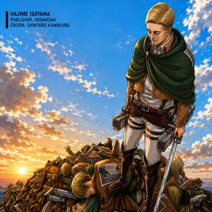 May include: Illustration from the "Attack on Titan" manga. A character stands on a pile of fallen soldiers, holding a sword. The sky is a mix of blue and orange. The title and author's name are visible.